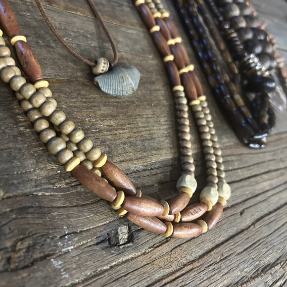 Lot of 5 Vintage Wooden Bead Necklaces | Tribal Boho Clay & Leather String - Picture 4 of 12